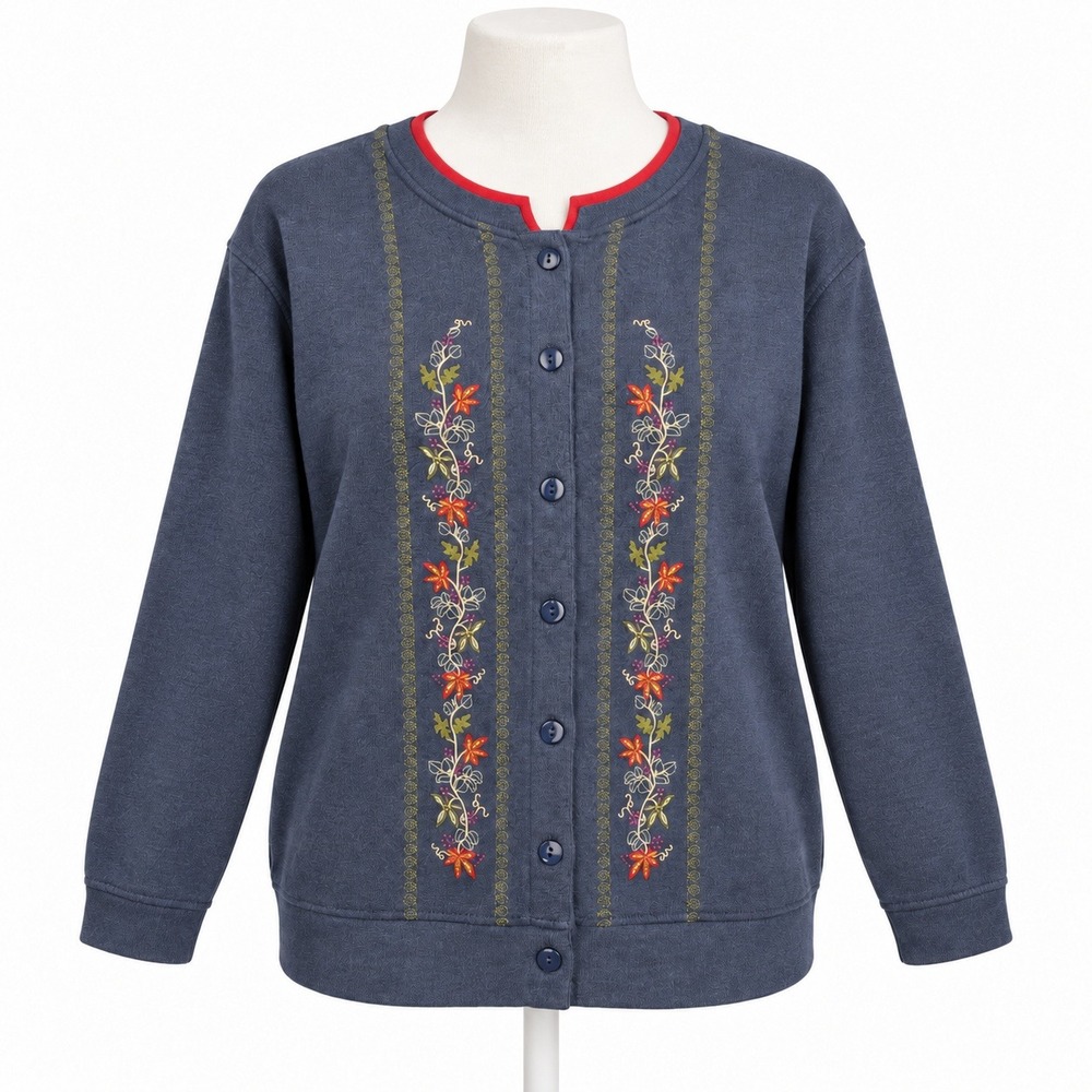 Vintage 90s Floral Embroidered Button Cardigan Sweatshirt Sz XL Blue Cottagecore